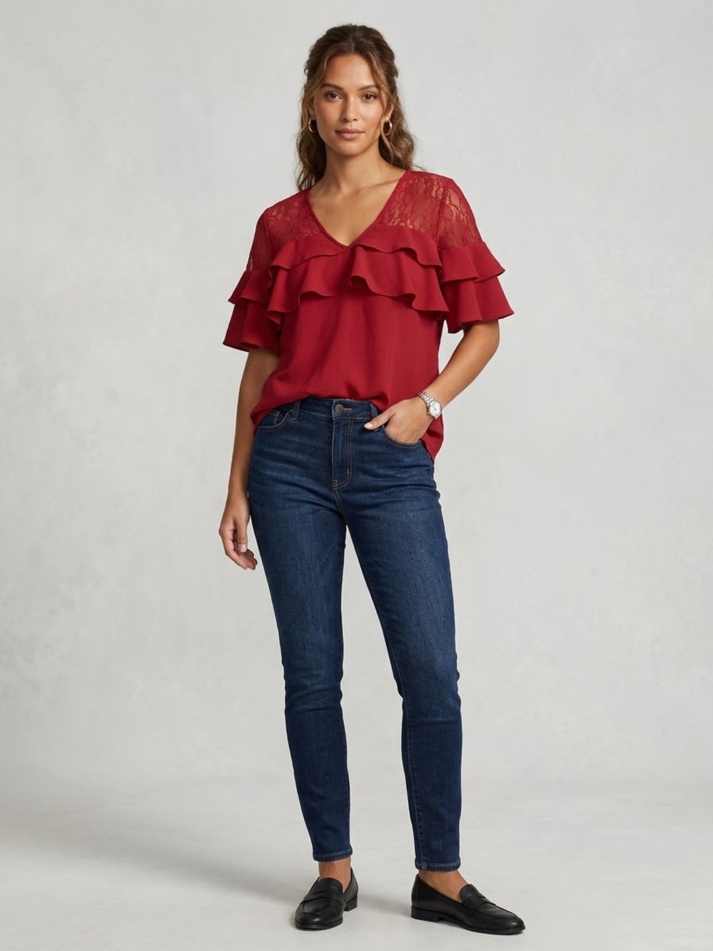 Candie's Red Ruffle Lace V-Neck Blouse with Dark Blue Skinny Jeans